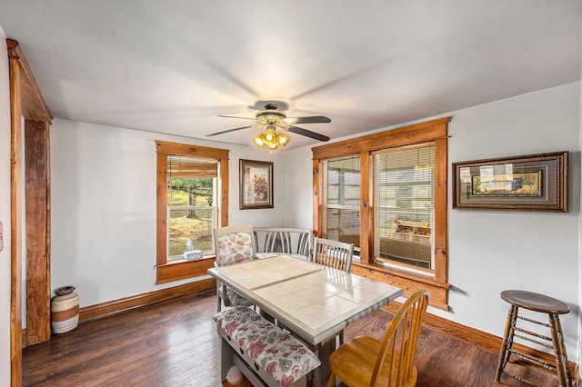 dining room featuring dark hardwood / wood-style flooring and ceiling fan