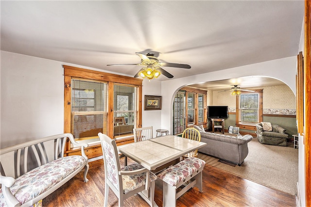 dining space featuring wood-type flooring, plenty of natural light, and ceiling fan