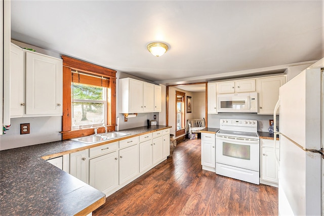 kitchen featuring white cabinetry, dark hardwood / wood-style flooring, white appliances, and sink