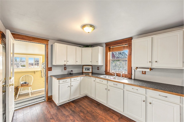 kitchen with white cabinetry, sink, and dark wood-type flooring