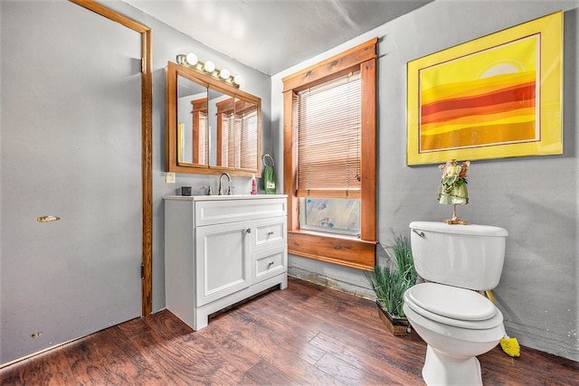 bathroom featuring hardwood / wood-style flooring, vanity, and toilet