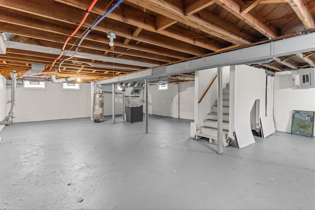 basement featuring electric panel and gas water heater