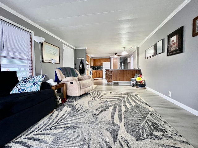 living room featuring ornamental molding and light hardwood / wood-style flooring