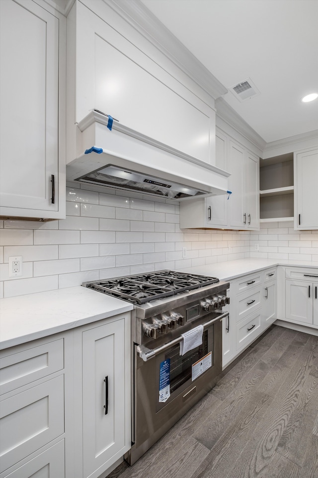 kitchen featuring white cabinets, custom range hood, high end stainless steel range, and dark wood-type flooring