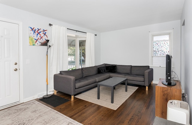 living room featuring dark hardwood / wood-style flooring and plenty of natural light