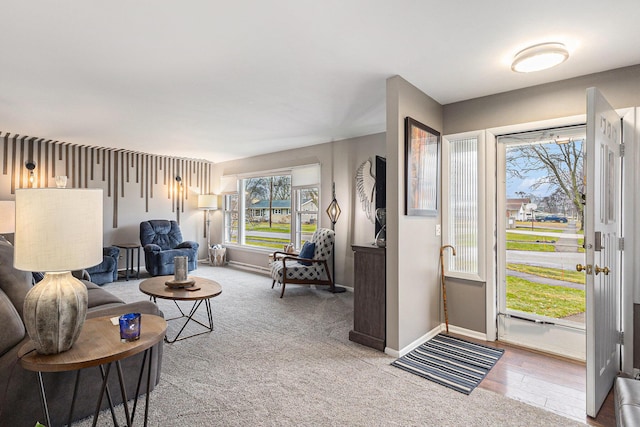 entrance foyer featuring light colored carpet and baseboards