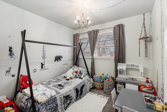 carpeted bedroom featuring a notable chandelier