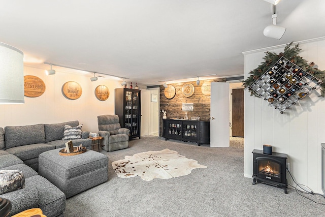 living room featuring carpet, a wood stove, and track lighting