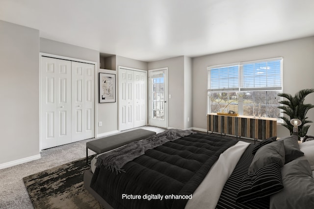 carpeted bedroom with two closets