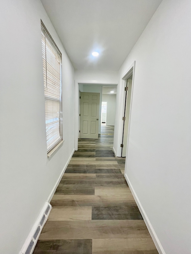 hallway with a wealth of natural light and dark hardwood / wood-style floors