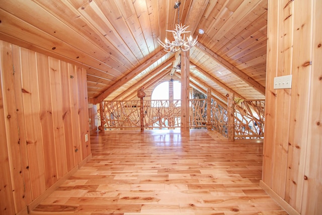 additional living space with lofted ceiling with beams, wood walls, wood ceiling, and hardwood / wood-style flooring