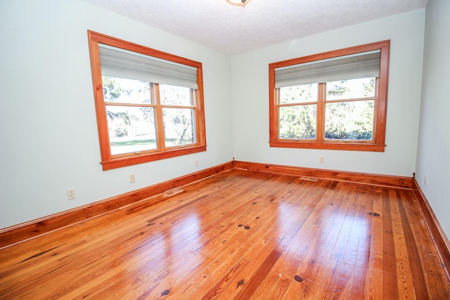 spare room with light wood-type flooring and a textured ceiling