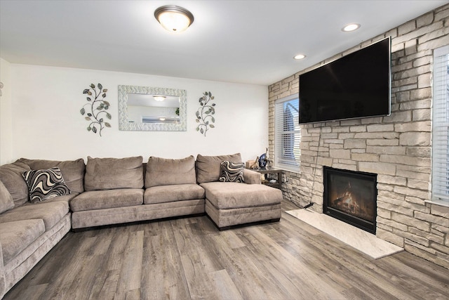 living room with a fireplace and hardwood / wood-style floors