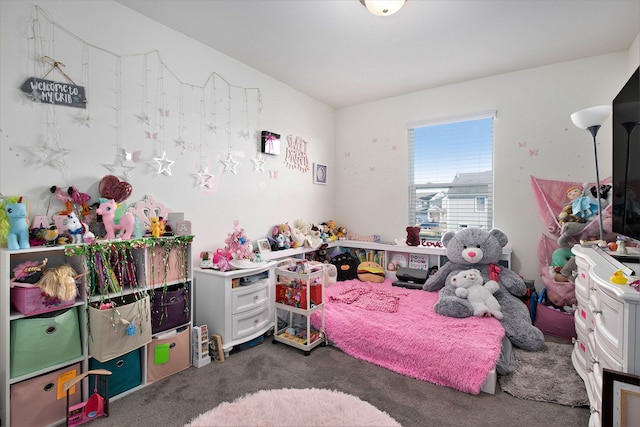 bedroom featuring dark carpet