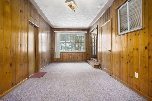 empty room with wood walls and light colored carpet