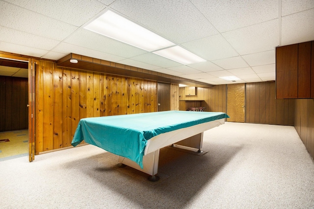 game room with carpet floors, a paneled ceiling, and pool table