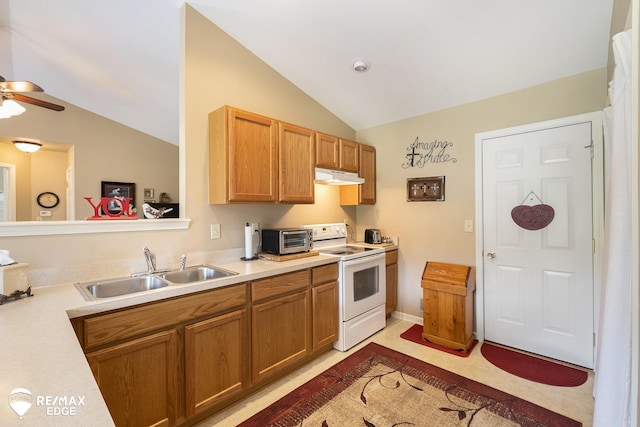 kitchen with ceiling fan, electric stove, sink, and vaulted ceiling