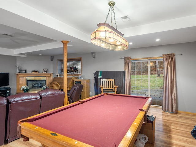 rec room featuring decorative columns, wood-type flooring, and billiards