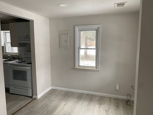 1095 Harding Dr, Grand Blanc, MI 48507 - kitchen with white electric stove, a sink, under cabinet range hood, and light wood finished floors