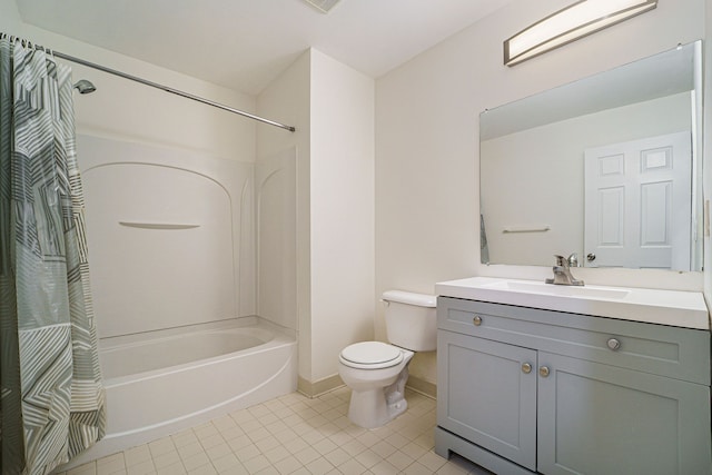 full bathroom featuring tile patterned flooring, vanity, shower / tub combo with curtain, and toilet