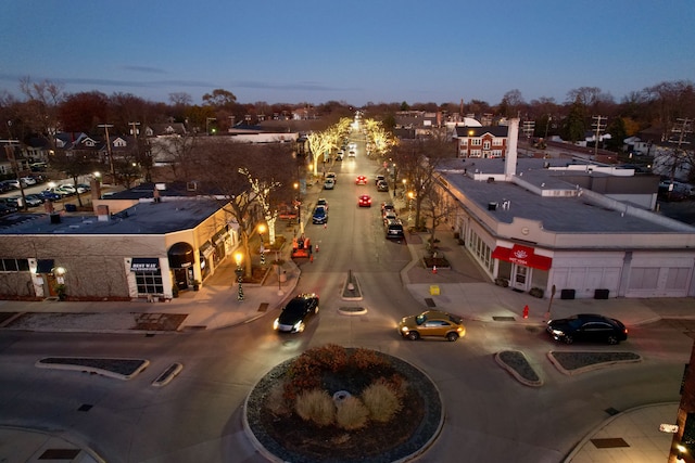 view of aerial view at dusk