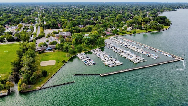 birds eye view of property featuring a water view