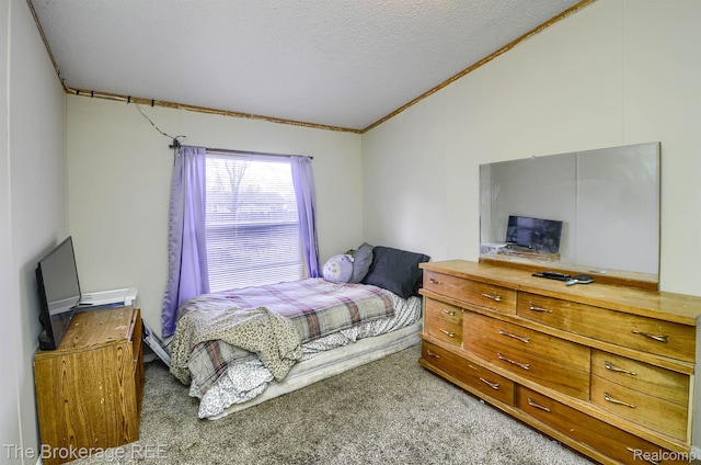 2350 Iowa Ave, Saginaw, MI 48601 - carpeted bedroom with crown molding, a textured ceiling, and lofted ceiling
