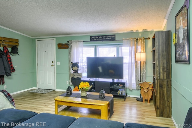 2350 Iowa Ave, Saginaw, MI 48601 - living area featuring a textured ceiling, wood finished floors, and crown molding