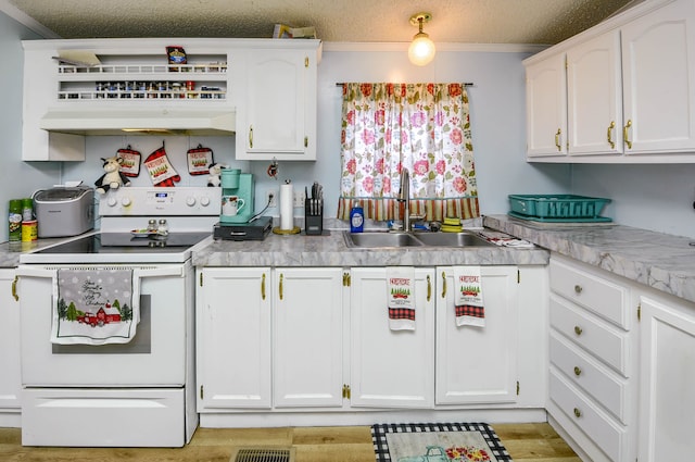 kitchen with white cabinets, electric range oven, crown molding, and sink