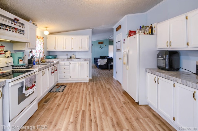 2350 Iowa Ave, Saginaw, MI 48601 - kitchen featuring white appliances, white cabinets, light wood-style flooring, a textured ceiling, and ornamental molding