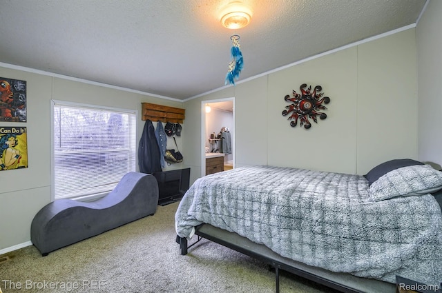 2350 Iowa Ave, Saginaw, MI 48601 - bedroom featuring vaulted ceiling, ornamental molding, carpet floors, a textured ceiling, and connected bathroom