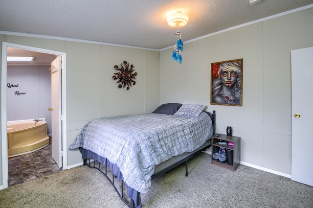 bedroom featuring a textured ceiling, carpet floors, and crown molding