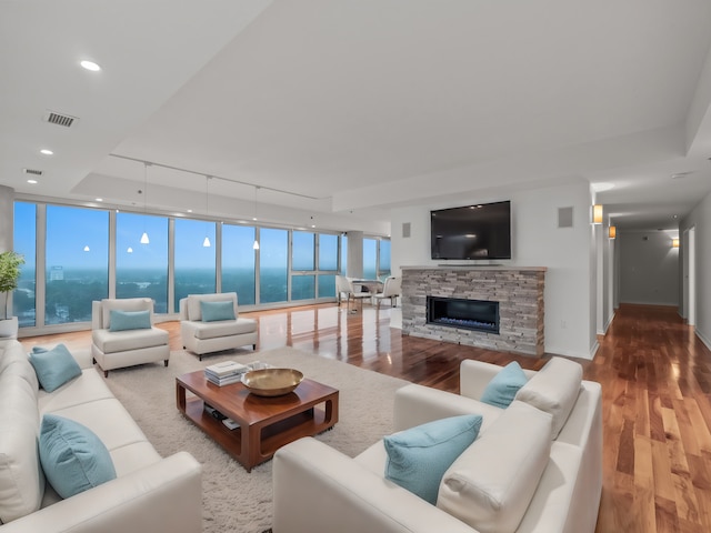 living room featuring a stone fireplace, plenty of natural light, expansive windows, and hardwood / wood-style flooring