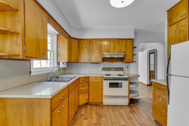 kitchen with white appliances, light hardwood / wood-style flooring, and sink