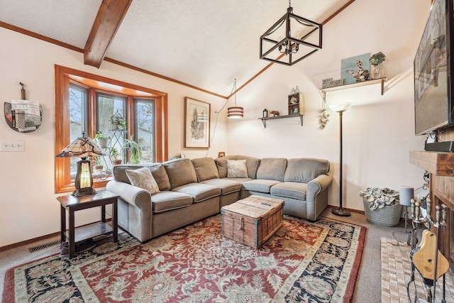 carpeted living room with lofted ceiling with beams, a textured ceiling, and a chandelier