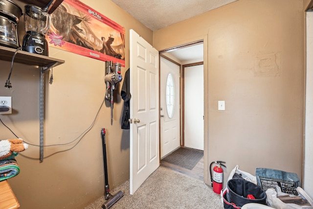 carpeted entryway with a textured ceiling