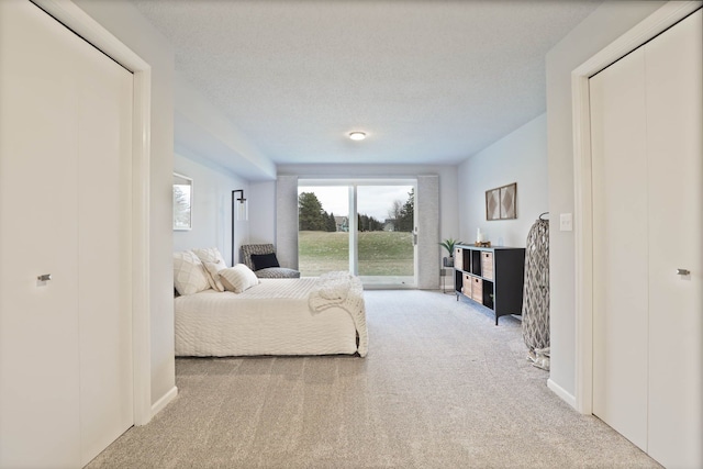 carpeted bedroom with access to exterior and a textured ceiling