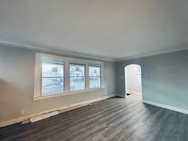 spare room with a baseboard radiator, dark hardwood / wood-style flooring, ornamental molding, and a healthy amount of sunlight