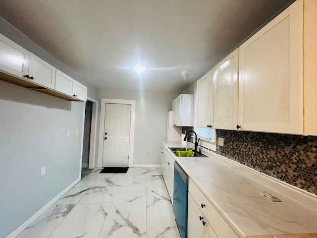 kitchen with decorative backsplash, sink, white cabinets, and dishwasher