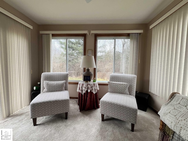 sitting room featuring light colored carpet