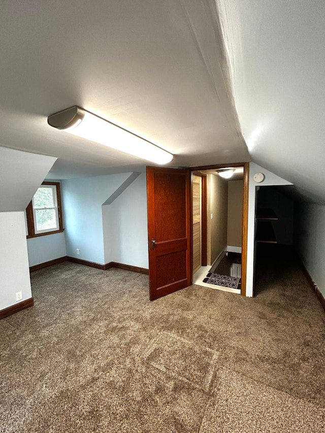 bonus room with baseboards, lofted ceiling, and carpet floors