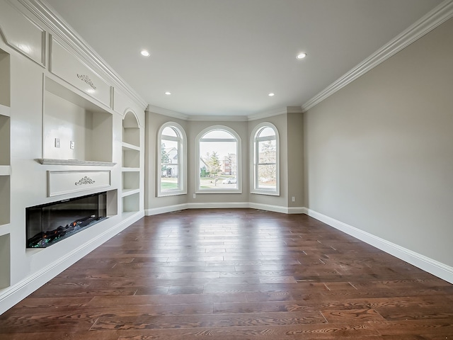 unfurnished living room featuring dark hardwood / wood-style flooring, built in features, and ornamental molding