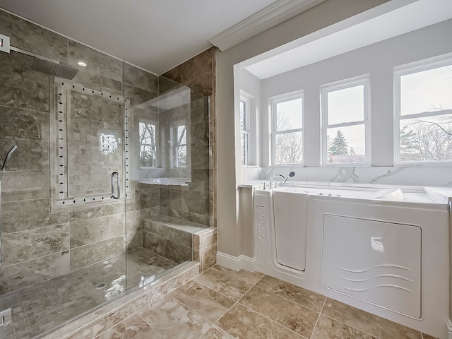 bathroom featuring a shower with door