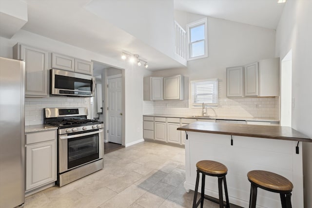 kitchen with appliances with stainless steel finishes, a kitchen breakfast bar, sink, a high ceiling, and butcher block counters