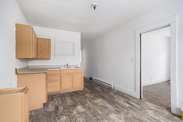 kitchen featuring dark hardwood / wood-style flooring, baseboard heating, and sink