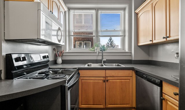 kitchen with dark countertops, stainless steel appliances, and a sink