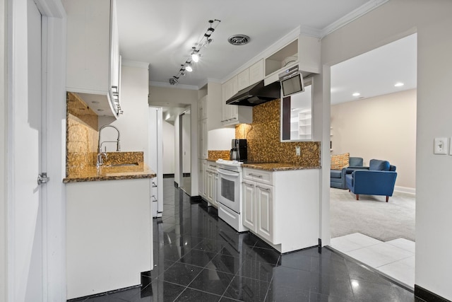 kitchen featuring white cabinets, white range with electric stovetop, dark stone counters, and sink