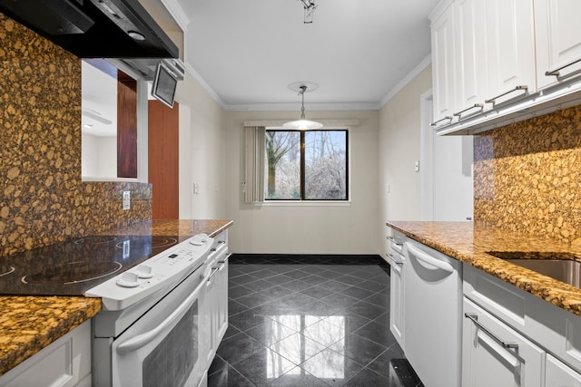 kitchen featuring backsplash, ornamental molding, white appliances, white cabinets, and hanging light fixtures