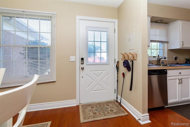 doorway to outside featuring dark hardwood / wood-style floors and sink