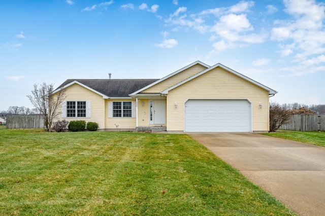 ranch-style house with a front lawn and a garage